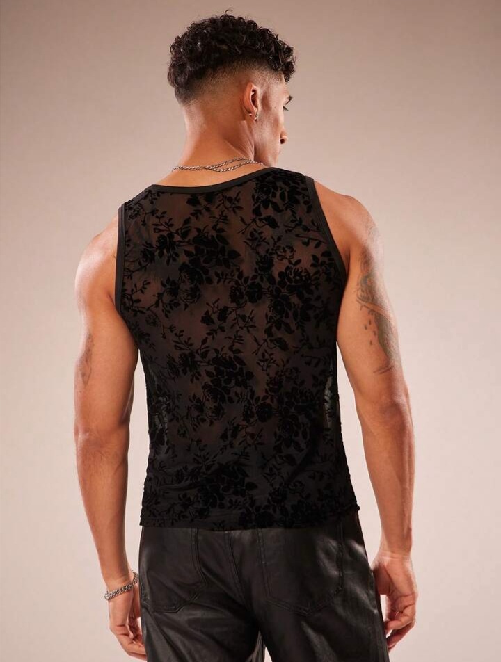 Men's Flocked Mesh Round Neck Sleeveless Tank Top